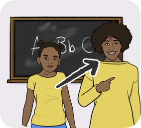Illustration evoking education of a child: a child, with a school blackboard on the background, growing up and becoming a young woman